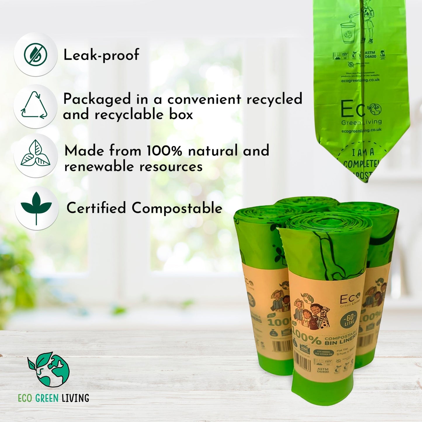 Wonky labels 60L Compostable Waste Bags | 4 Rolls of 10 Bags | Eco Green Living - EcoGreenLiving